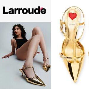 LARROUDE GRACE GOLD SPECCHIO LEATHER ANKLE STRAP POINTED TOE KITTEN HEELS W/BOX